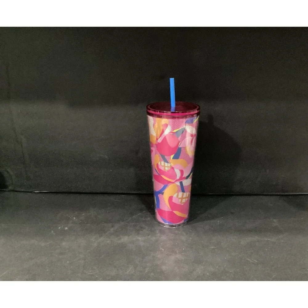 STARBUCKS Spring 2023 Pink Floral Cold Cup Tumbler Venti‎ 24 oz Blue Straw